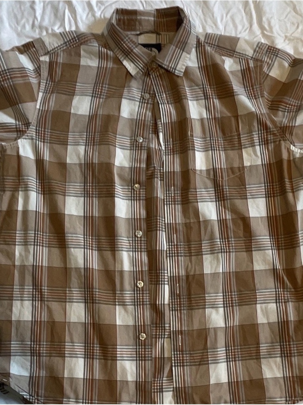 The North Face Men's Tan and White Plaid Short-Sleeve Button-Down Shirt